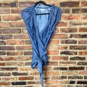 Eshakti Blue Chambray Denim Short Puff Sleeve Wrap Top Women's Size 10 Medium